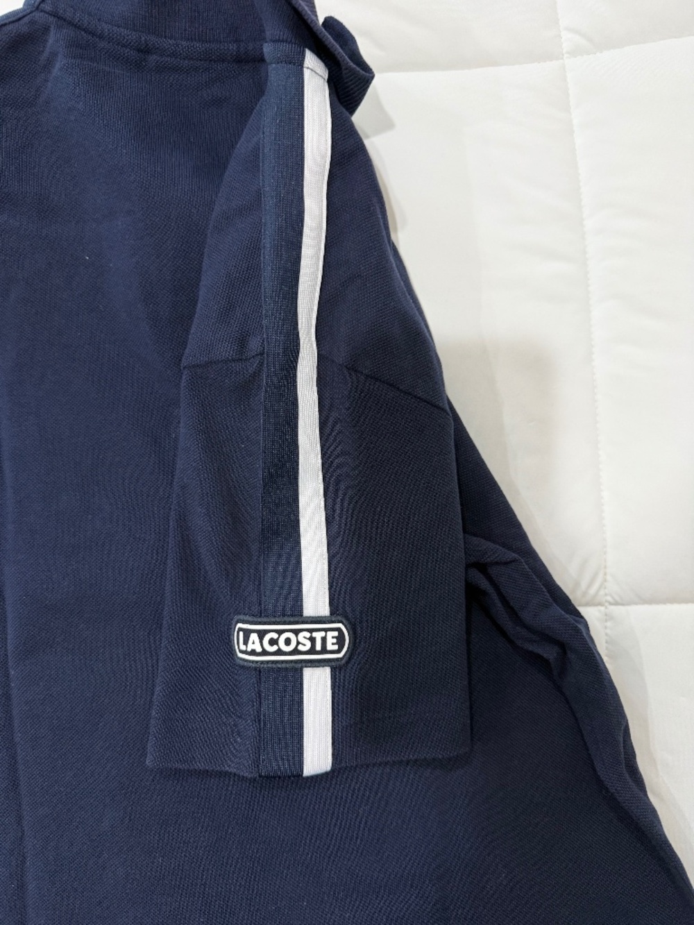 Lacoste Boys Navy Blue Polo Shirt with White Shoulder Stripes - Picture 5 of 7